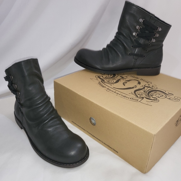 NIB Nine West Made Black Leather Pull On Ankle Boots with Lace Detail Size 8 M - Picture 1 of 11